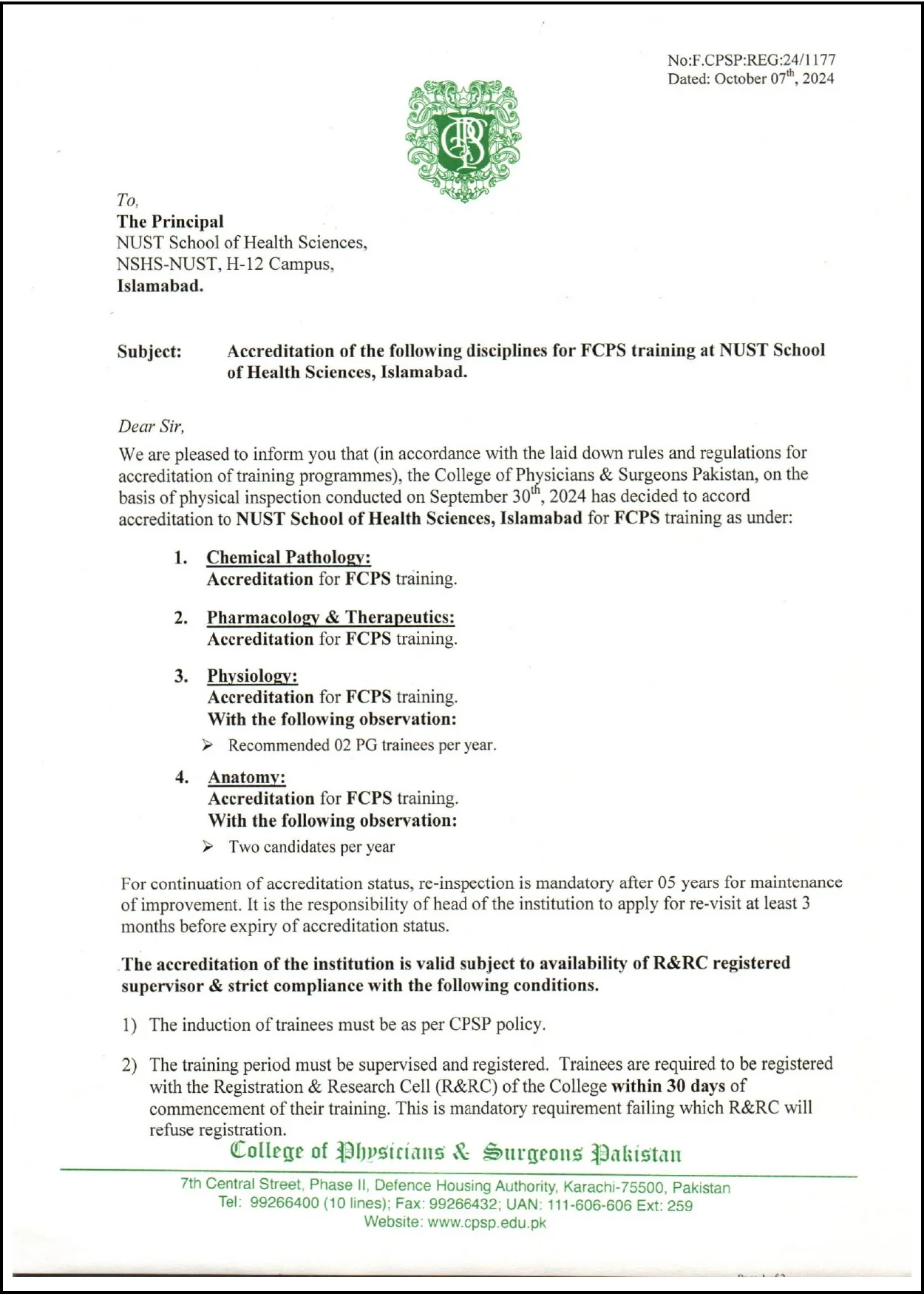 Accreditation Letter 1 NUST School of Health Sciences Medical College, Pakistan
