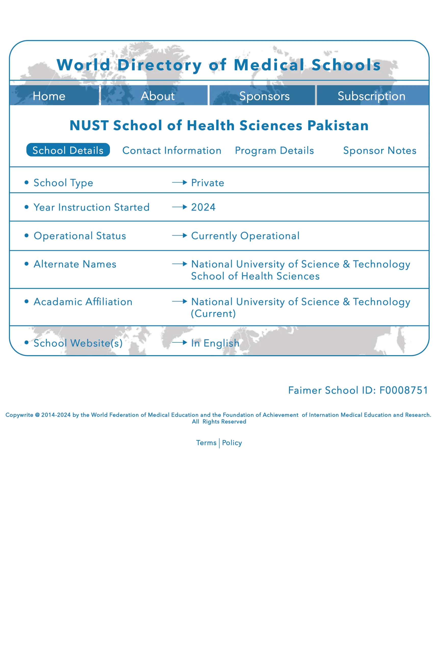 World Directory 05 W scaled NUST School of Health Sciences Medical College, Pakistan